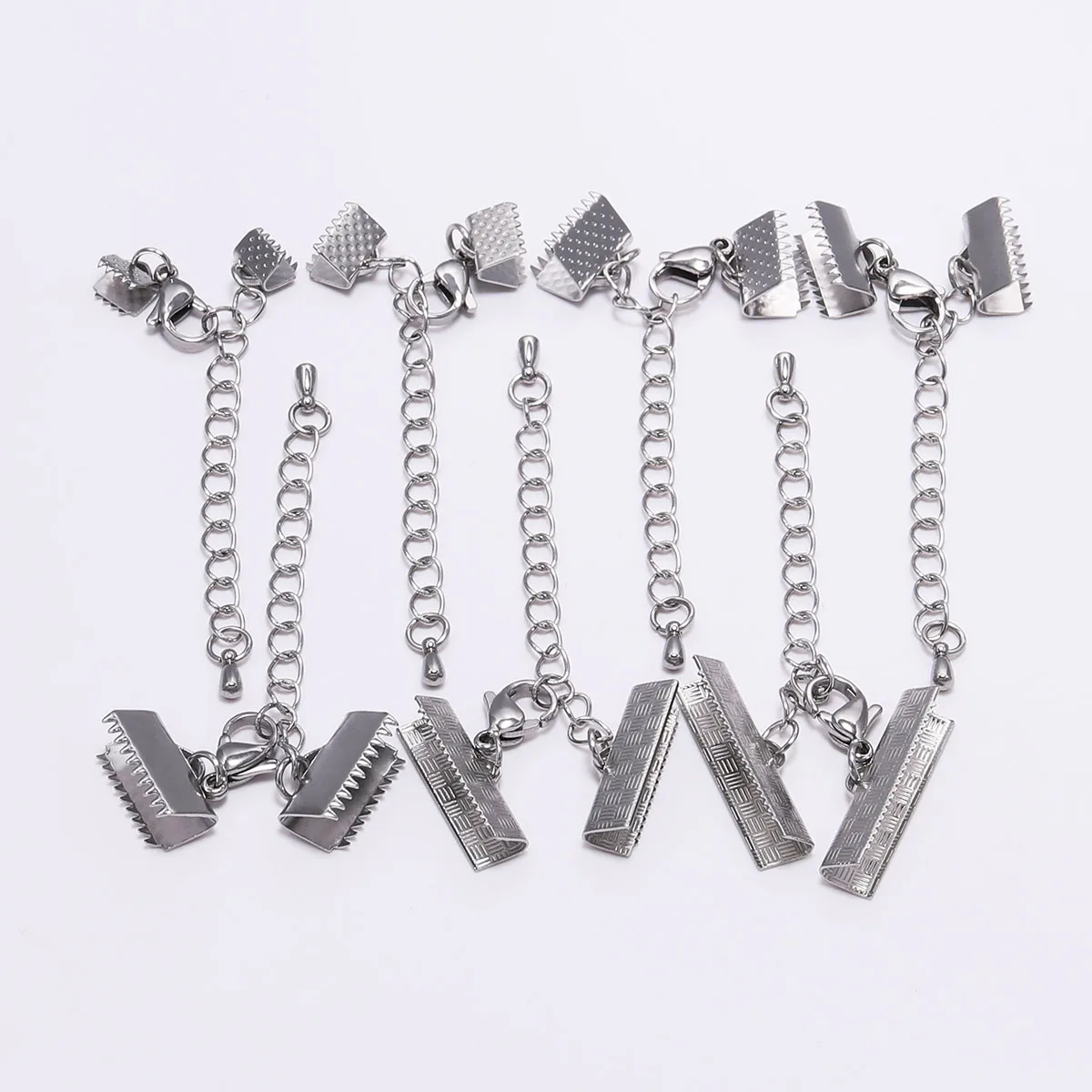 5Pcs/lot Stainless Steel Textured Crimp End Caps With Lobster Clasps Extension Chains Leather Cord Connectors For Jewelry Making