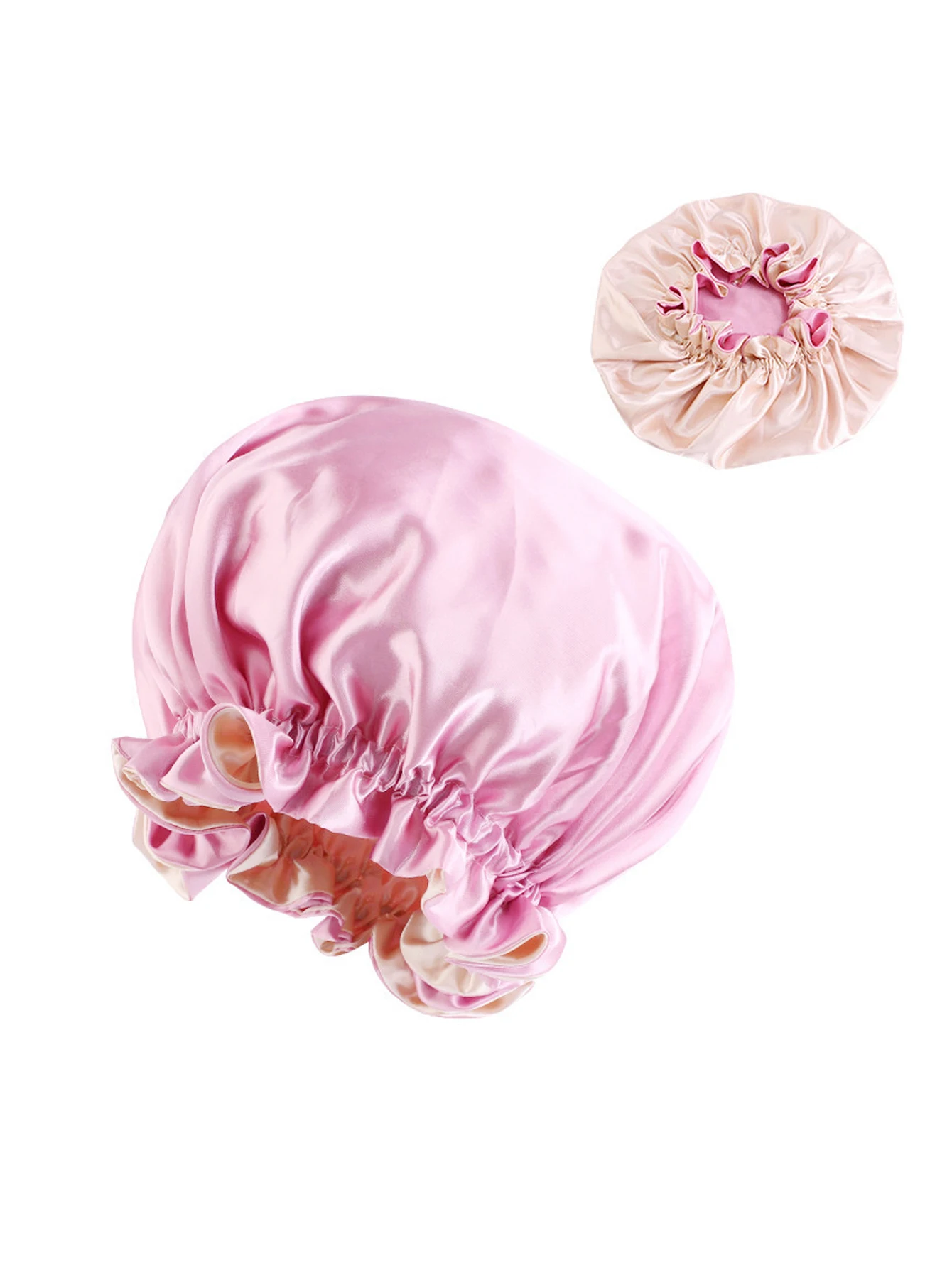 1 Stück zweifarbige Satin-Hut-Seidenhaube zum Schlafen, Satin-Hauben, doppellagige, wendbare Haarkappe, Motorhaube für Frauen, langes, lockiges Geflecht – Detail 9