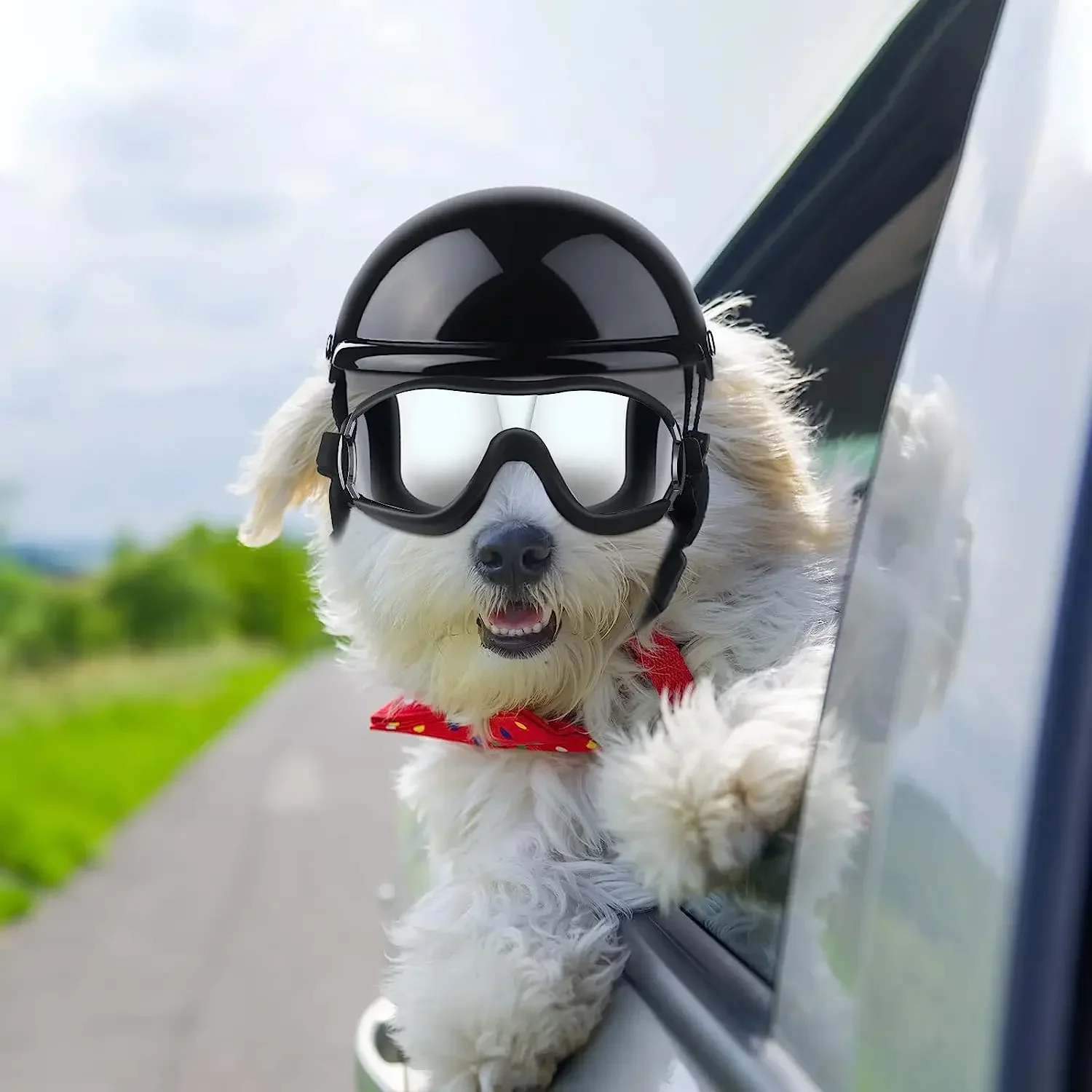 Dog Sunglasses and Pet Helmet Set,Dust Wind UV Protection Dog Glasses Dog Helmet and Goggles Adjustable Dog Motorcycle Helmet