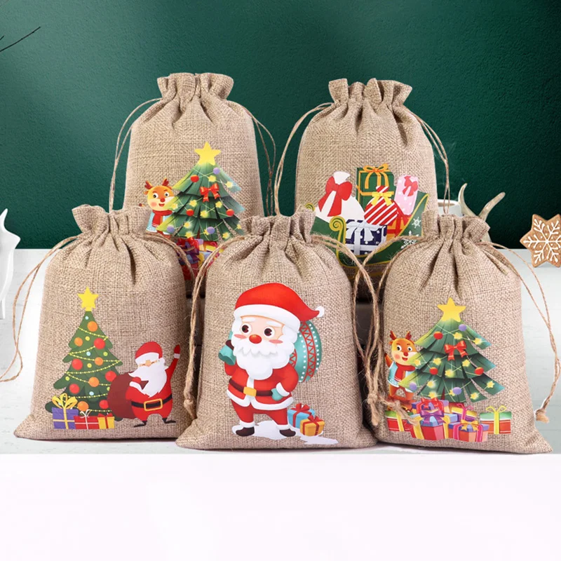 New Year 2023 Christmas Santa Sack Children Xmas Gifts Candy Storage Bag Christmas Decoration Linen Stocking Christmas Candy Bag