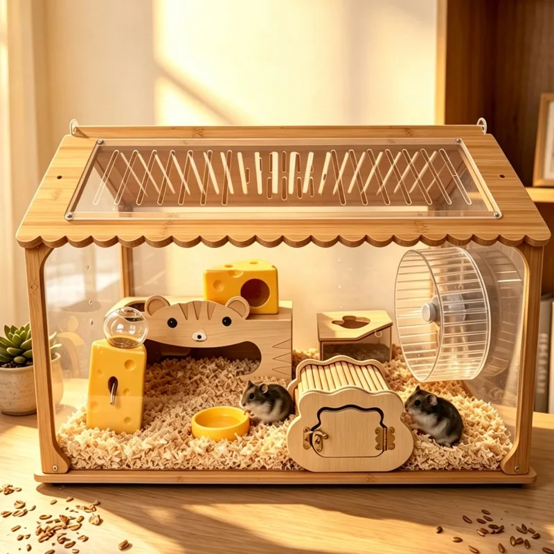 Escape Proof Solid Wood Acrylic Hamster Cage Large Transparent Multi-Functional House for Hamster Fancy Rat