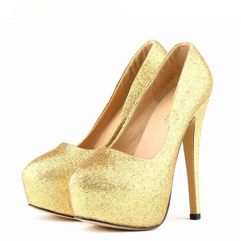 

Сексуальные женские туфли-лодочки на ультравысоком каблуке, золотые блестящие туфли на платформе 14 см с круглым носком для свадьбы и вечеринок