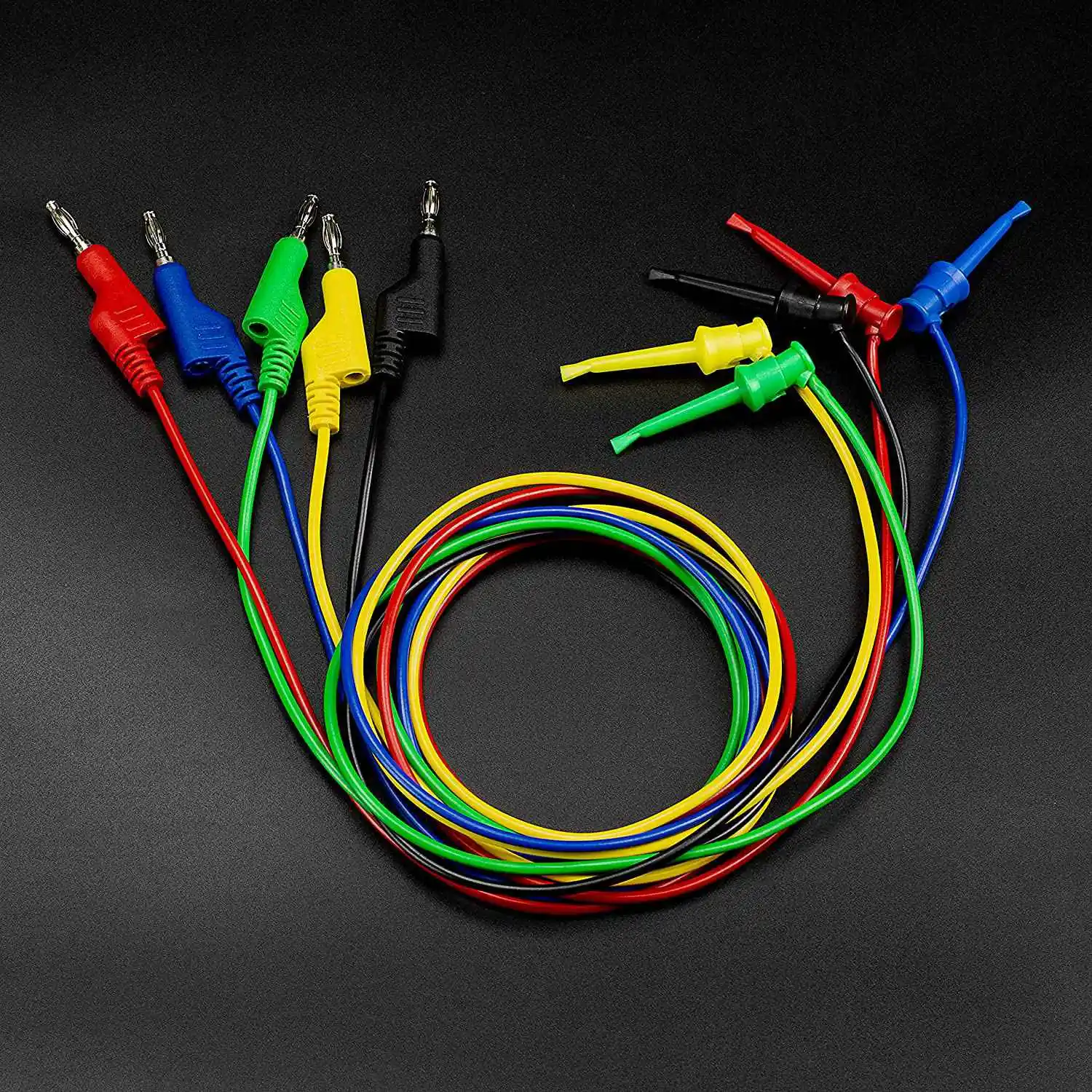 

COME 5PCS Test Hook Wire Stackable Banana Plug To Mini Grabber Multimeter Test Lead Set Flexible Wire Leads 500V/5V 39 Inch