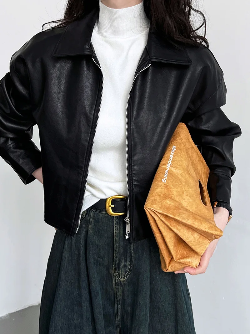 가을 신상 캐주얼 긴팔 라펠 오토바이 가죽 재킷 여성용