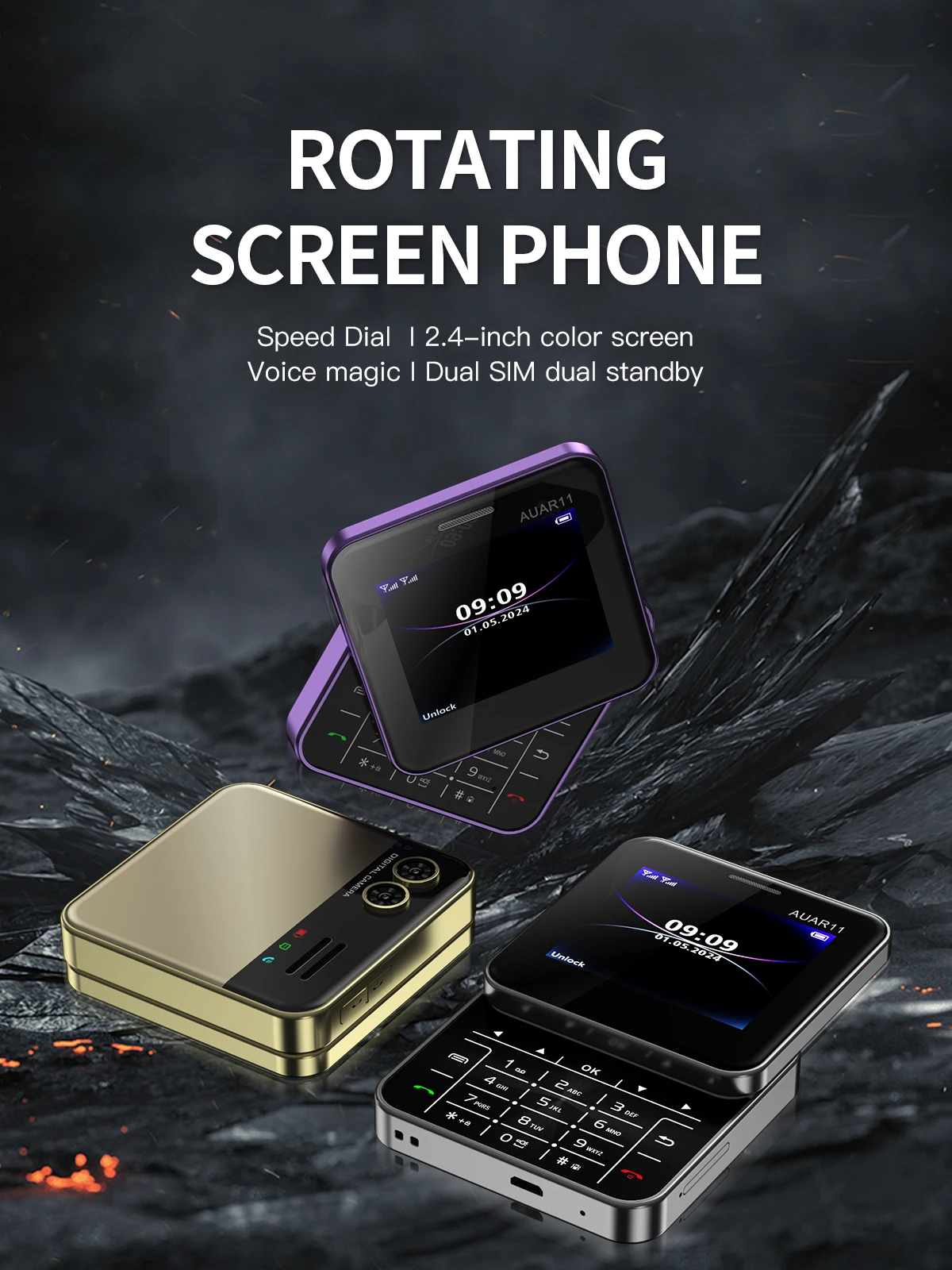 SERVO AUAR11 2.4 Inch Rotatable Screen Feature Phone Dual SIM Magic Voice Speed Dial Blacklist Flashlight FM 2G Keypad Cellphone