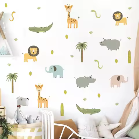 Boho Cartoon safari Animals Hippo Elephant Nursery Wall Stickers for Kids Room Bedroom Decor Watercolor Wall Decals Wallpaper