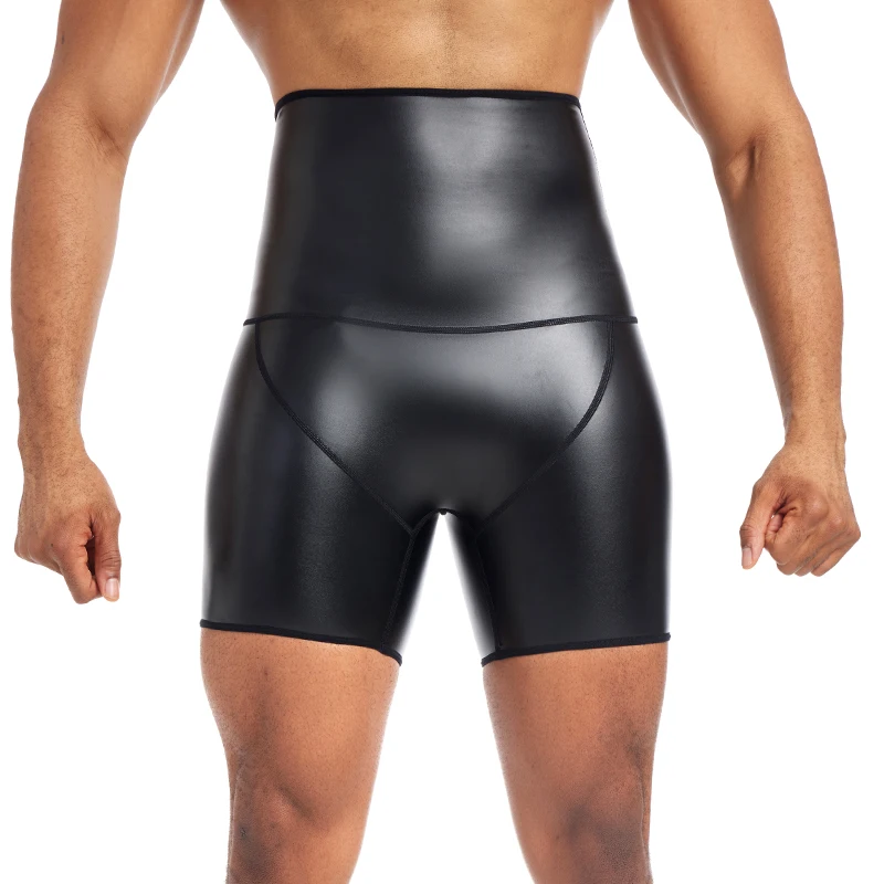 Moldeador de cuerpo de cintura alta para hombre, pantalones ajustados de cuero de imitación, bragas de Control de entrenador de cintura, pantalones cortos de fiesta de Fitness casuales de moda