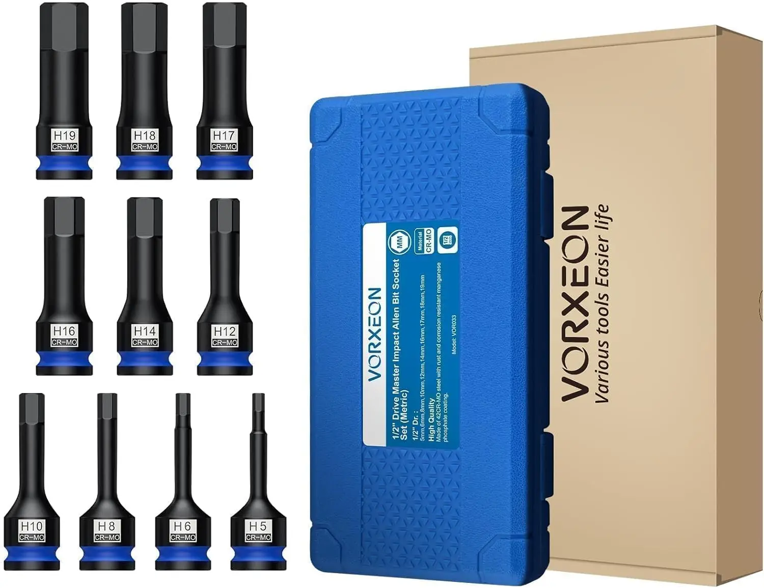 مجموعة لقم سداسية ذات تأثير متري مكونة من 10 قطع 1/2 بوصة 42Cr-Mo 5-19 مم، قطعة واحدة، مع حافظة