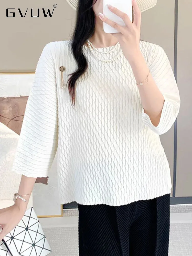 

GVUW Pleated Half Sleeve T Shirt Women Round Collar Half Sleeve Solid Color Simplicity New 2024 Female Loose Tops 17G8008