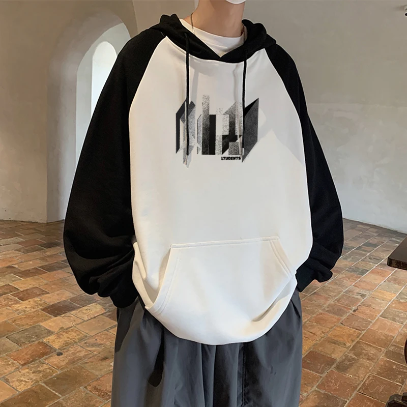 

Korean New style Trendy Pocket Graphic Long Slevee Patchwork Men Hoodies Oversized Causual Sweatshirts Student Streetwear