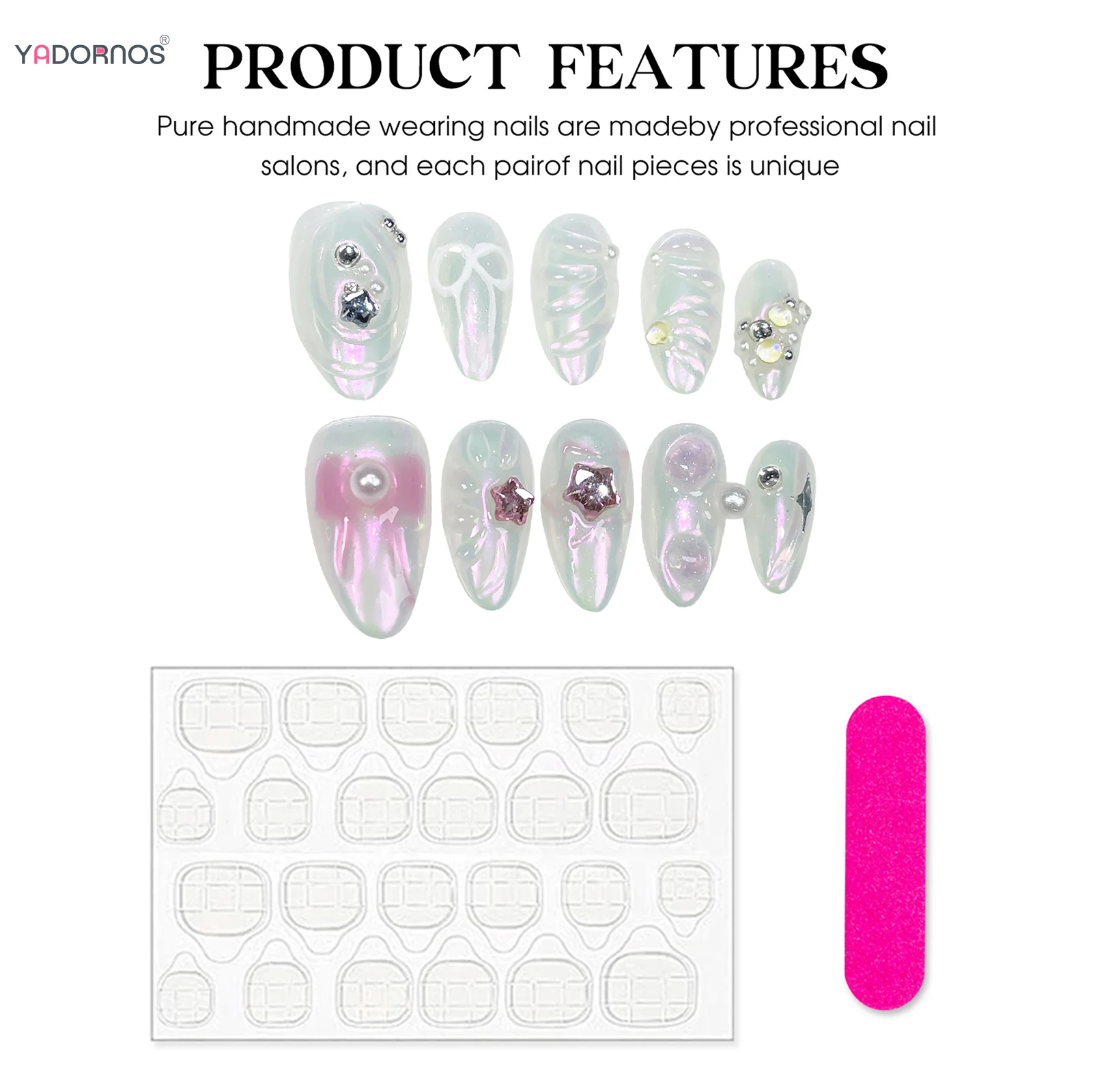 Kuku palsu, Blush Pink, buatan tangan 3D putih gaya tidak teratur Tekan pada kuku Almond, dapat dipakai, manikur, desain bintang pita 10 buah
