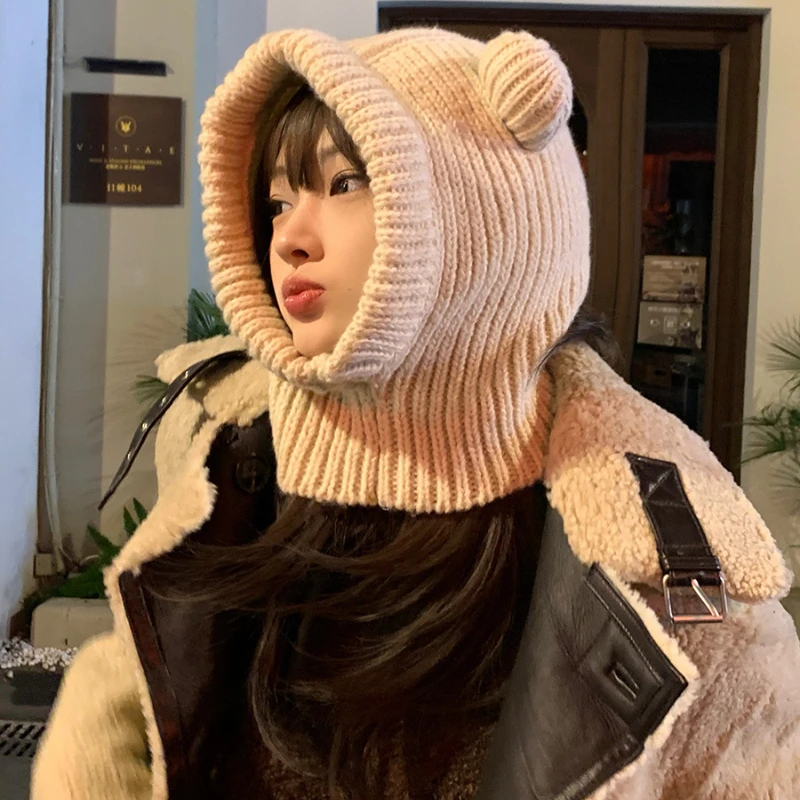 Y2K Balaclava Hat Autumn Winter Knitted Pullover Cap Bear Ears Stripes Warm Riding Windproof Multi-function Scarf Beanie Hats