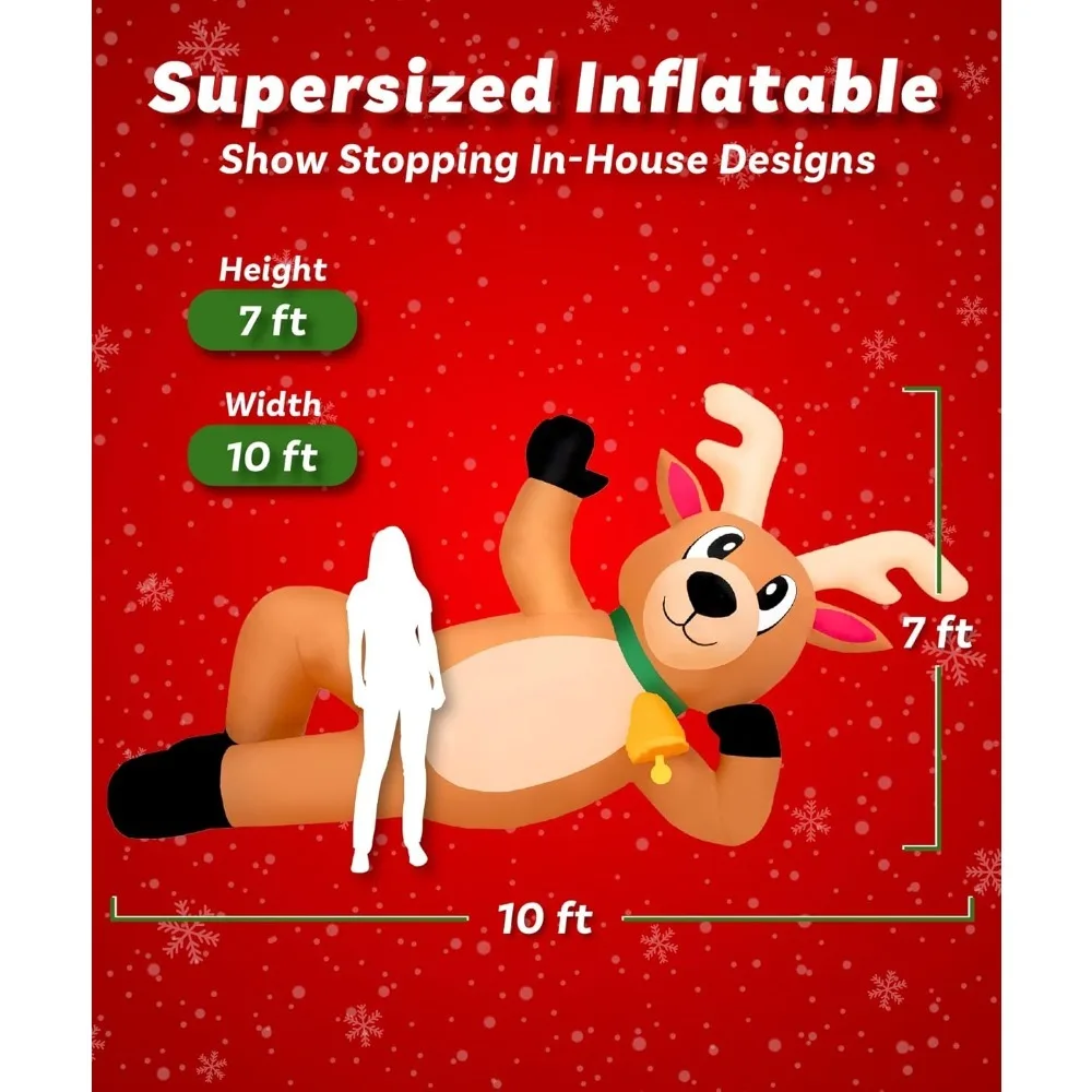 Christmas Inflatables Large 10 ft Lounging Reindeer - Inflatable Outdoor Christmas Decorations Blow Up X-mas Decorati