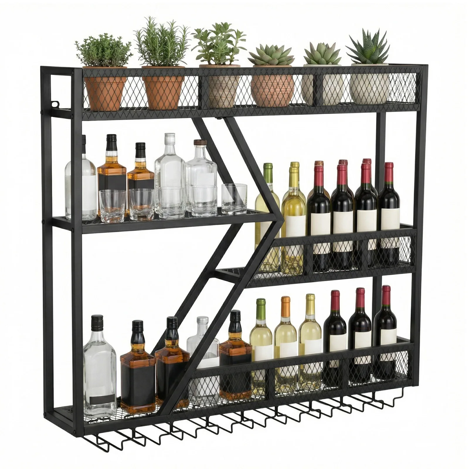 

39in 3-Tiers Liquor Bottle Display Shelf with Glass Holder Floating Wine Rack for Kitchen Home Bar Dining Room Living Room