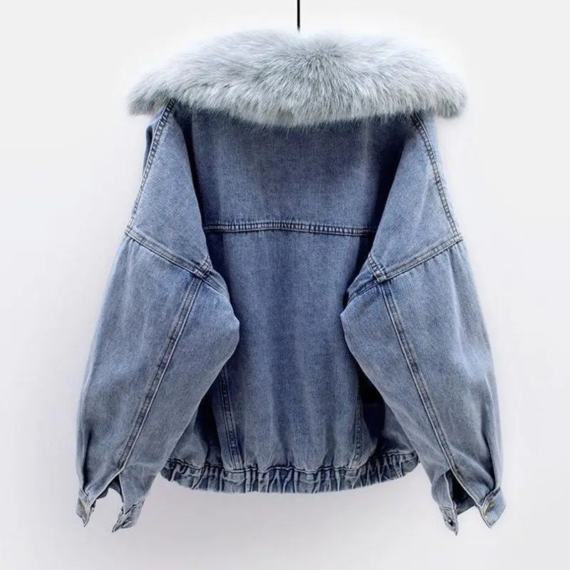 Winter New Short Denim Cotton-Padded Women's Overcoat Loose Plus Vvet Thicke Warm Parker Coat Detachable Fur Collar Jeans Tops