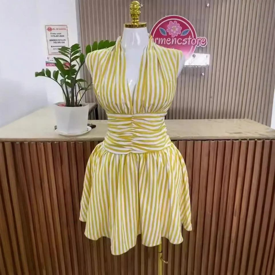 

New European and American style women's halter V-neck striped waist-cinched fresh, sweet short dress