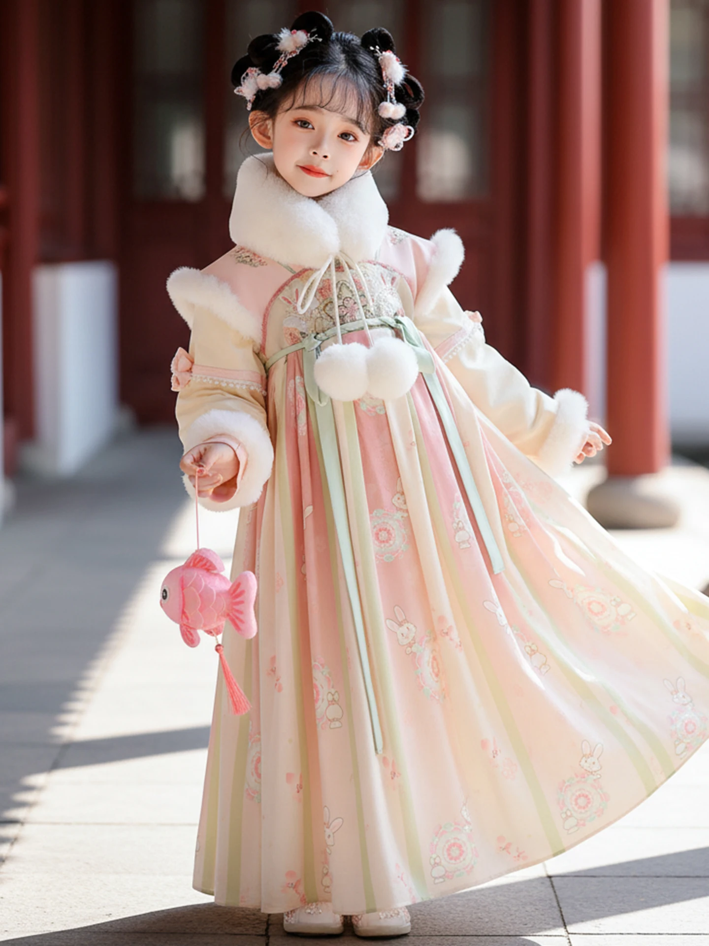 

Детский зимний костюм Ханьфу для девочек, комплект для Нового года, наряд для церемонии Нового года, полиэстер