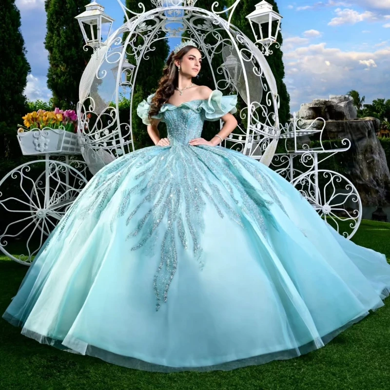

Water Blue Shiny Quinceanera Dresses Ball Gown Off The Shoulder Sequin Applique Lace Beads Tull Party Birthday Sweet 16 Dress