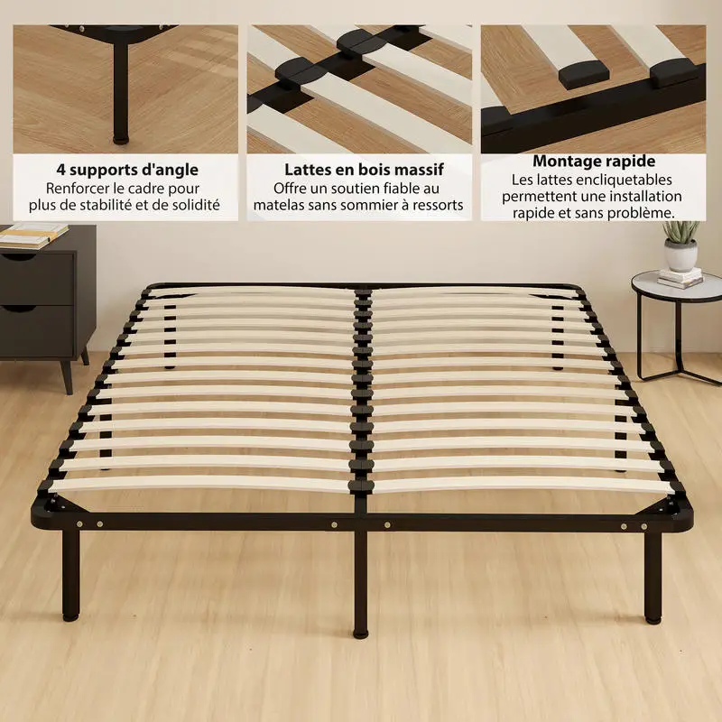 Cadre de lit 160 x 190 cm, lit 2 places en bois massif avec sommier à lattes et pieds, rangement en dessous, noir