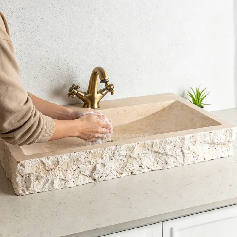 Any Size Custom Wabi Sabi Premium Natural Marble Vessel Sink Multi Stone Options Hand Chiseled Edge Rustic Bathroom Vanity Decor