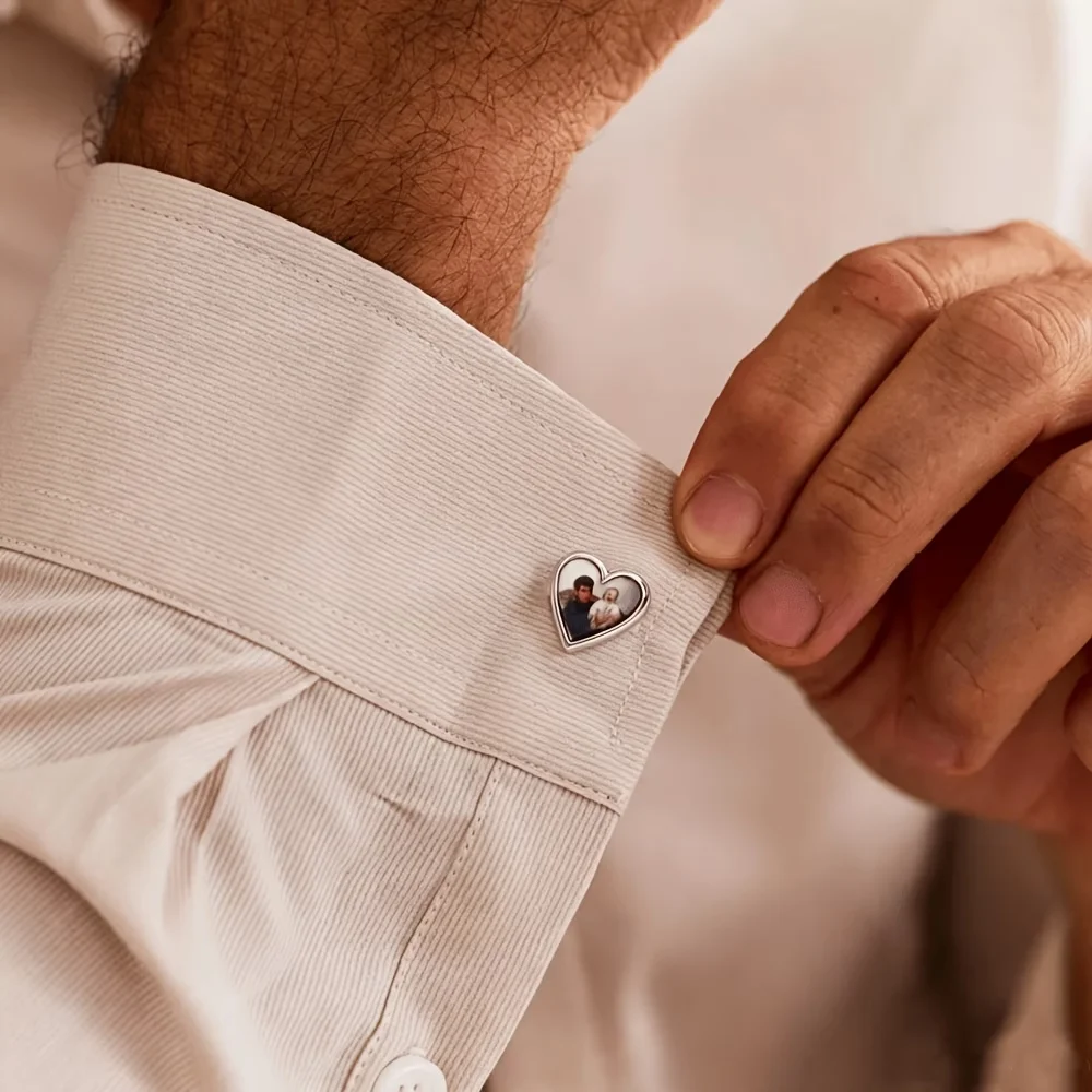 Custom Photo Heart Cufflinks Stainless Steel Customized Picture Cuff Links Suit Accessories Wedding Memorial Groom Father Gift