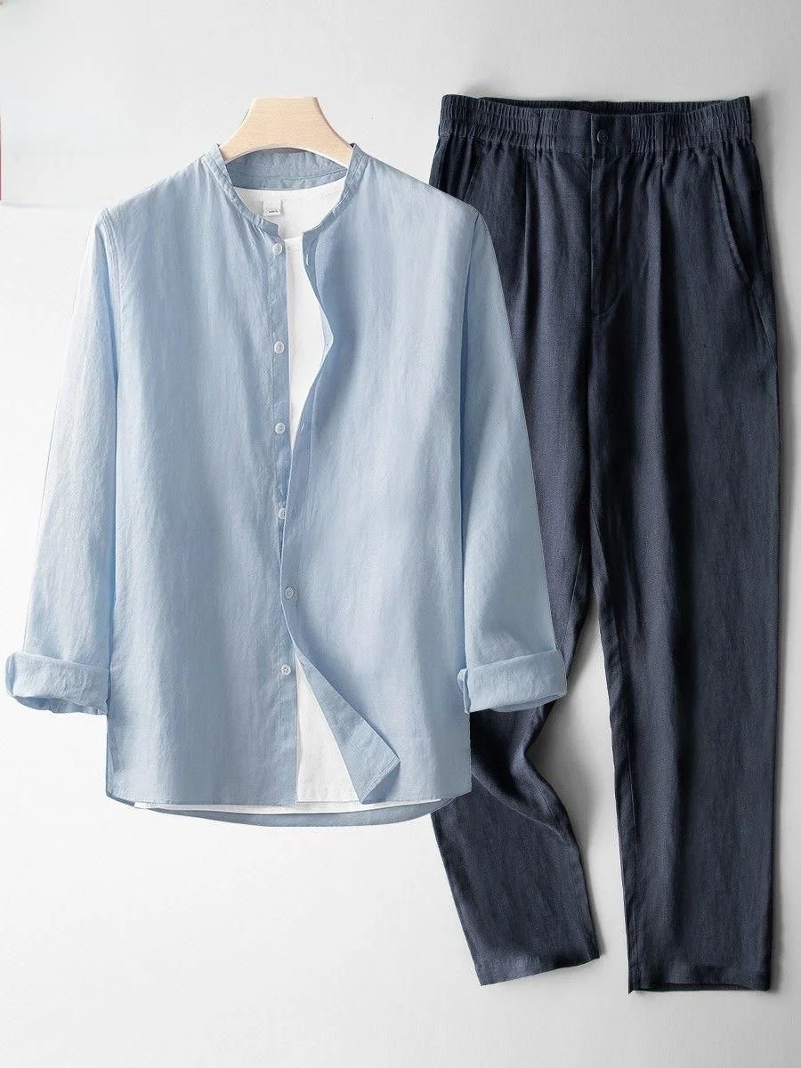 Lightweight Quick-Dry Linen Men's Shirt Summer Breathable Long Sleeve Casual Wear Comfortable Fit Chinese Style Stand Collar