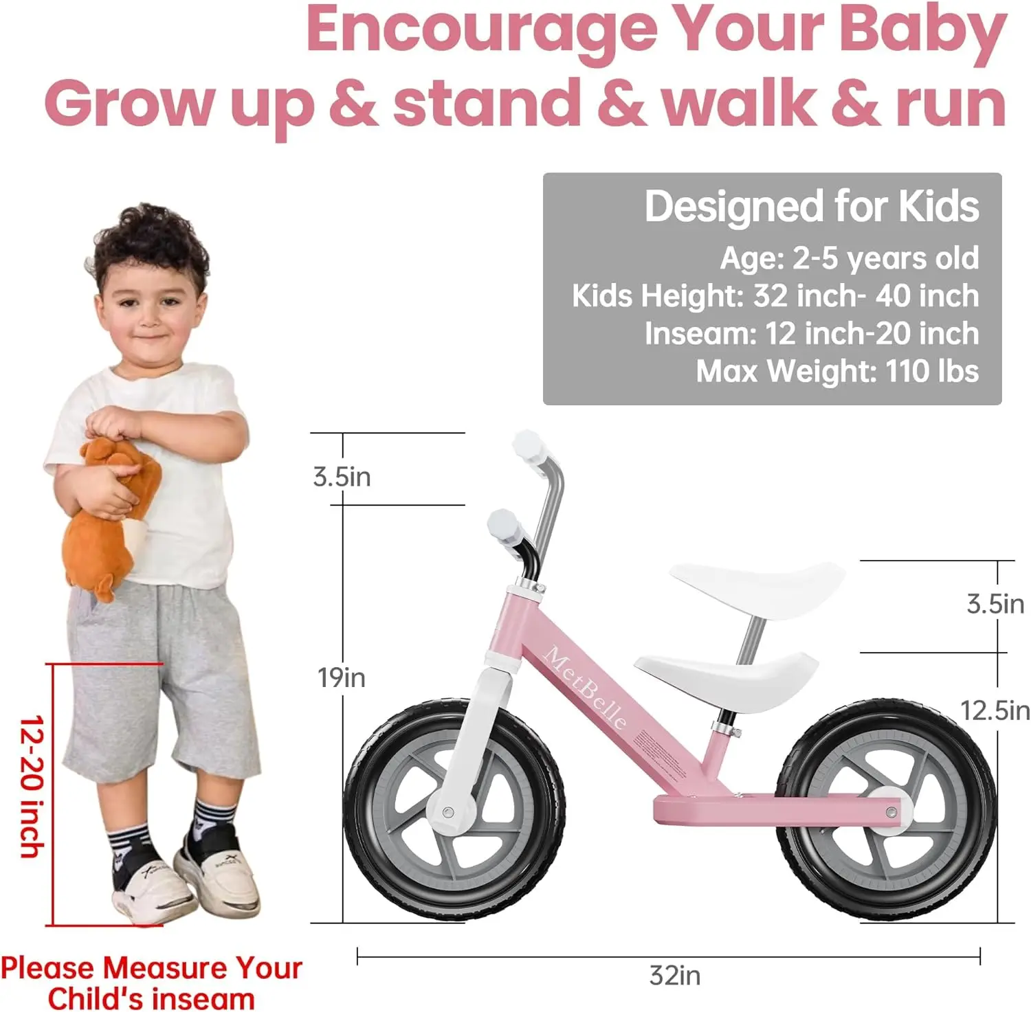 Balance Bike for Age 2 to 5 Years Baby,Colorful Lighting Toddler First Bicycle, 12-Inch Ride on Trainer Toys for Children,Kids S