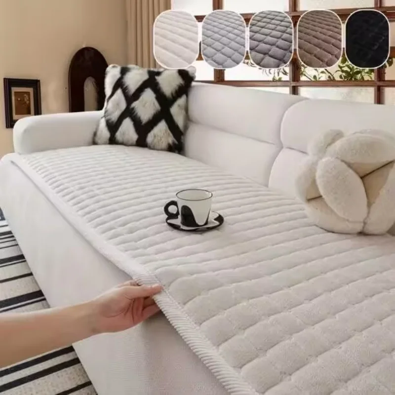 Plaid Flannel Solid Striped Thickened Non-Slip Anti-Fuzz Sofa Cover Wide Border Quilted Seat Cushion 1/2/3/4 Couch Sofa Pads