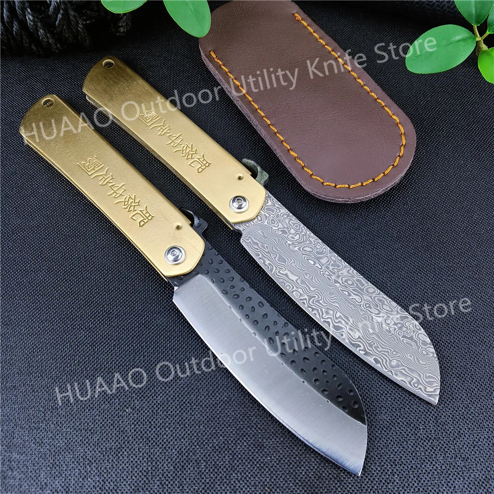 Higonokami Folding Pocket Knife Damascus Steel Blade Copper Handle Outdoor EDC Survival Hunting Camping Hiking Cutting Tool