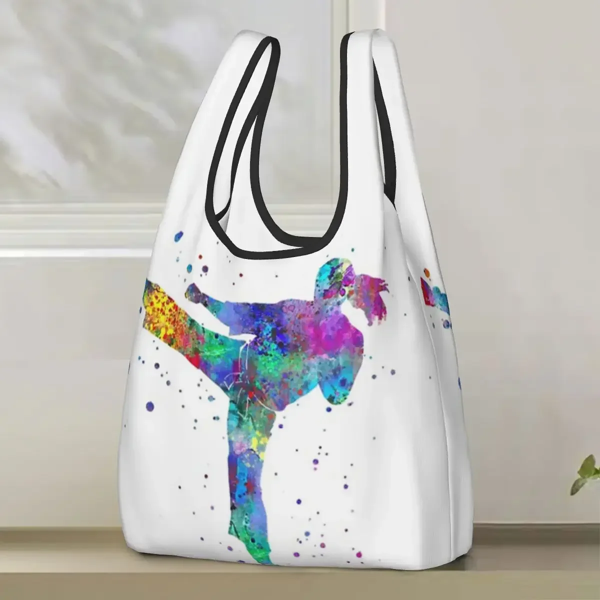 Karate Fighter Girl Shopping Bag Portable Tote Bags Foldable Shoulder Shopper Bag Grocery Handbag