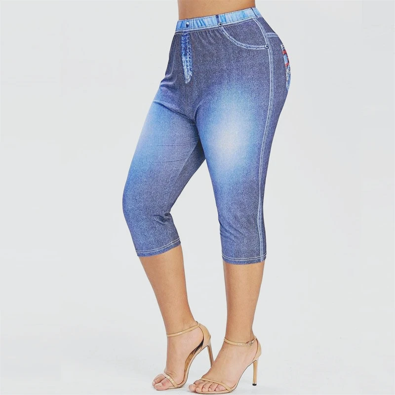 New Printed Imitation Denim Series Cropped Pants, Casual Tight Elastic Hip-lifting and Thin Leggings High  Jeans  Pants Women