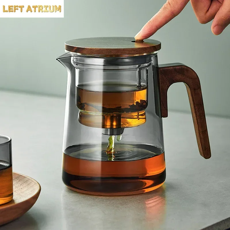One Click Tea Separation Filtration Glass Teapots With Wood Handle Tea Water Separation Inner Container Tea Pot With Infuser