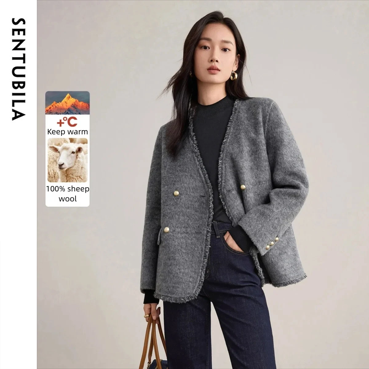 

SENTUBILA Double Sided Woolen Coats for Woman 2025 Winter Fringe Trim V-neck Jacket Elegant Loose Fit Women's Clothing W54OG2667