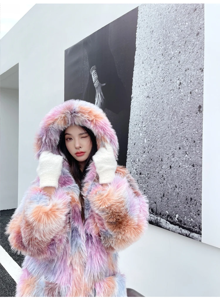 Female New Fashion Colorful Faux Fur Coat Lady Long Loose Colored Hooded Shaggy Outerwear Women\'s Winter Coats Promotion