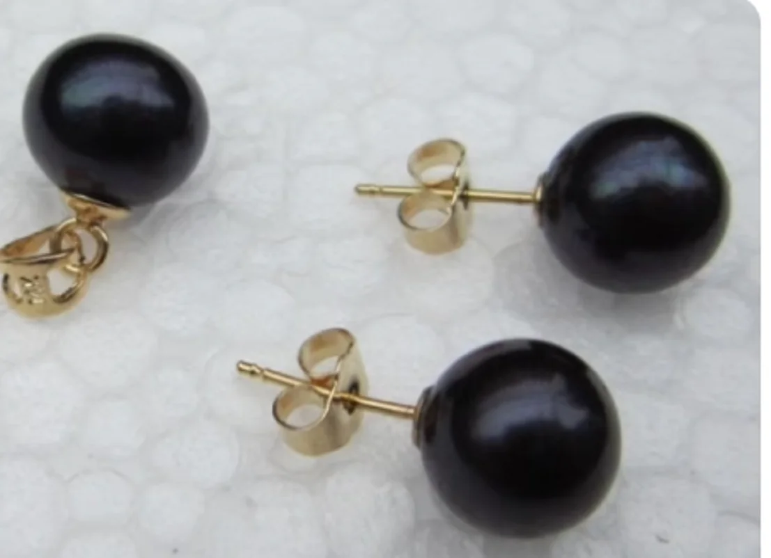 Gorgeous AAAA 9-10mm Tahaitian Black Round pearl pendant &earring sets 14K