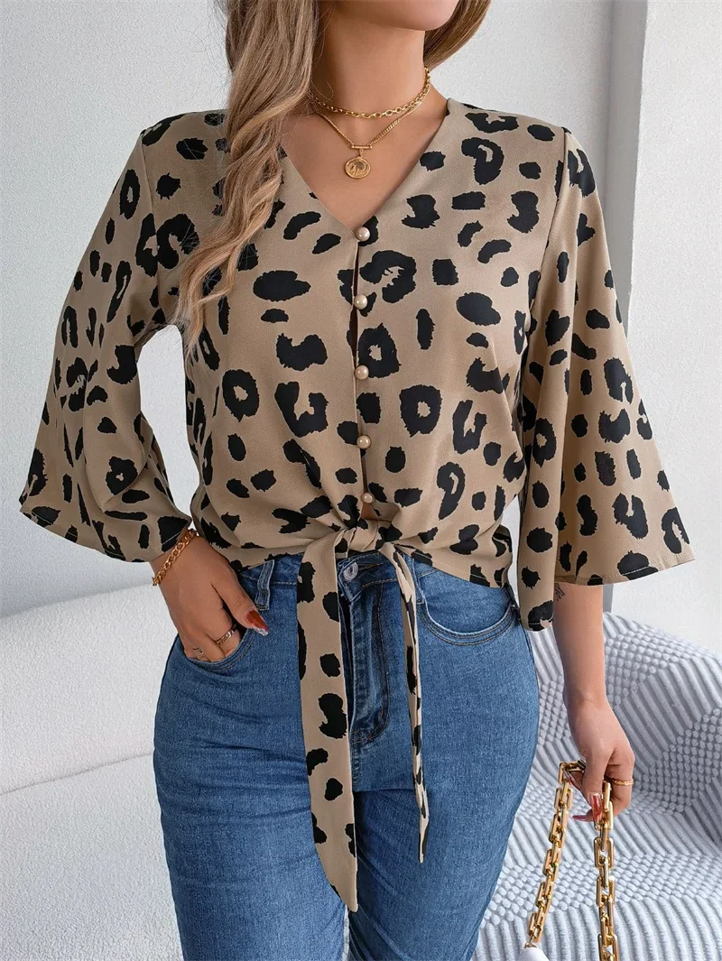 

Fashion Single Row Bead Buckle Chiffon Shirt Women Casual Leopard Print Hem Lace-up Blouse Female V Neck Flared Sleeve Tops 2024