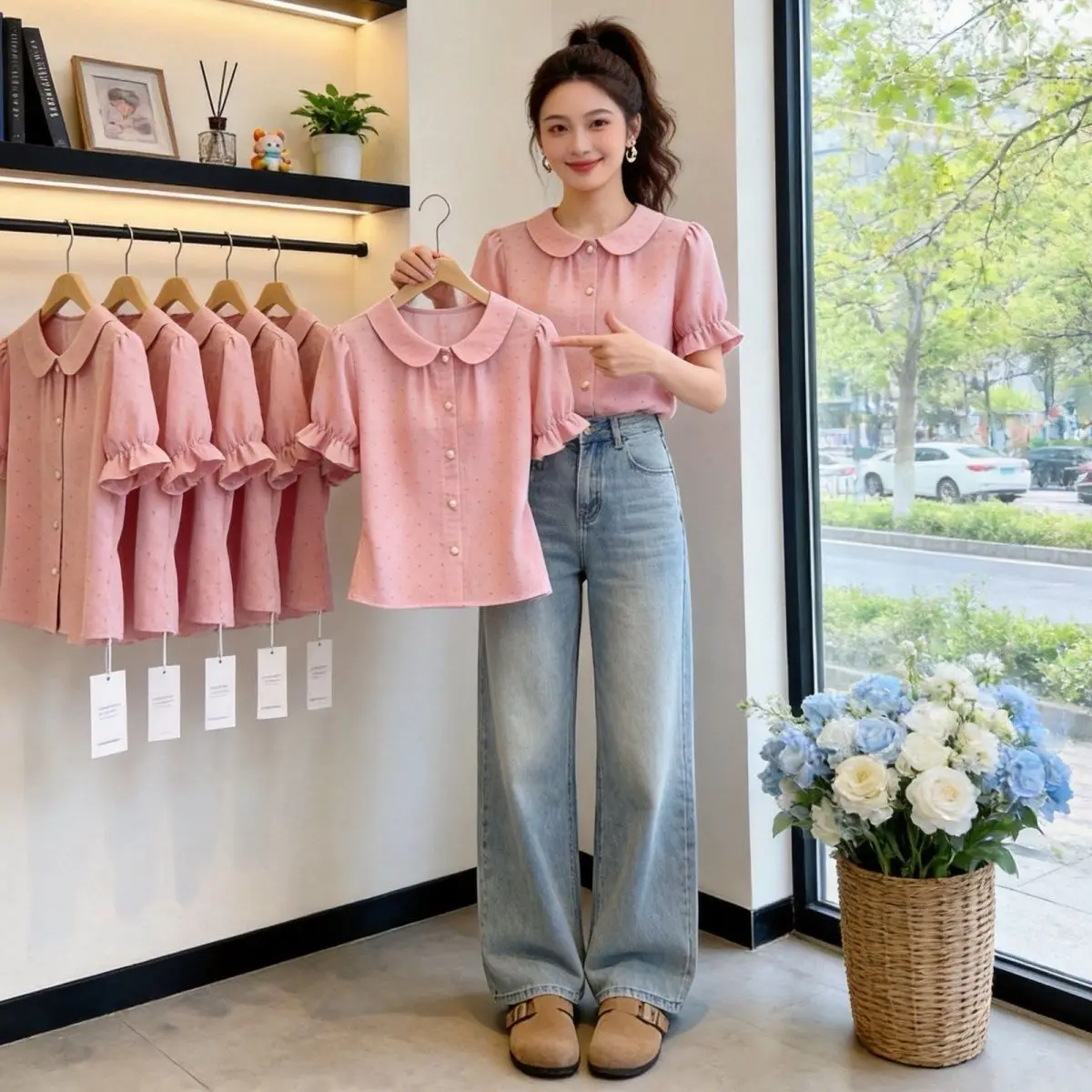 

Korean Lady Style Purple Shirt Short Sleeve Doll Collar Bubble Women's Summer New Elegance Small Top Loose Fit Cute Wind