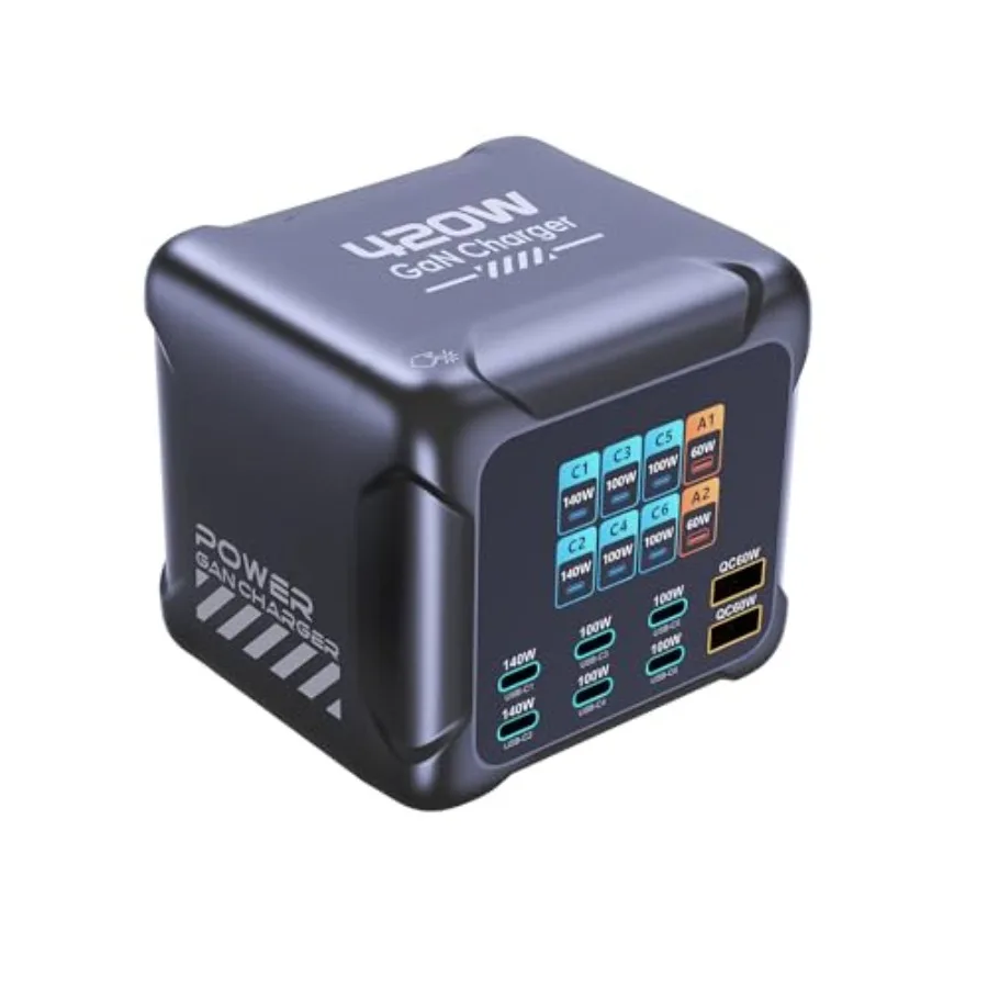 

420W GaN 8-Port USB C Charging Station with Touch Control and LCD Display 6 USB-C 2×140W + 4×100W 2 USB-A (60W) Charger Block f