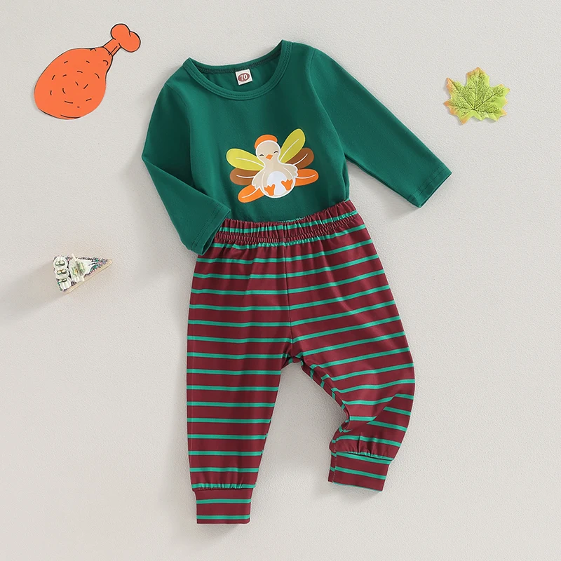 

Toddler Girl Boy 2Pcs Thanksgiving Clothes Long Sleeve Turkey Pattern Romper Stripe Print Pants Outfit