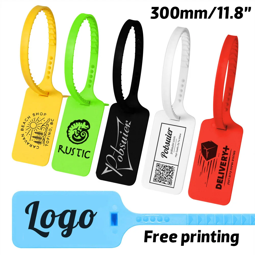 100Pcs Custom Logo Tag Zip Ties Off Labels White Plastic Security Seals Garment Shoes Bag Brand Logo Hang Label Camp Tags 300mm