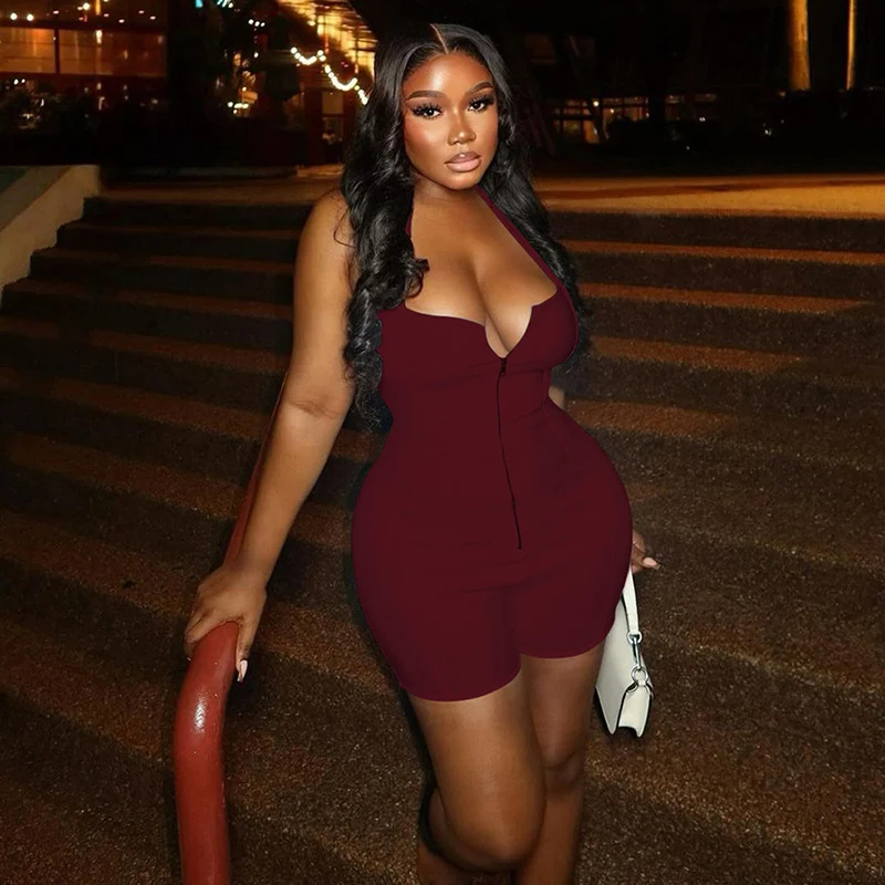 Tutina sexy per tutti i giorni Abiti da club per donna Halter Backless Cerniera frontale Vita alta Skinny Bodycon Tuta Pantaloncini Pagliaccetto da festa