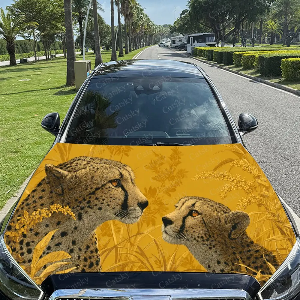 Car Decal Cheetahs with Yellow Textural Artistic Fusion Design, Creating a Mysterious and Energetic Visual Car Hood Sticker, Wat