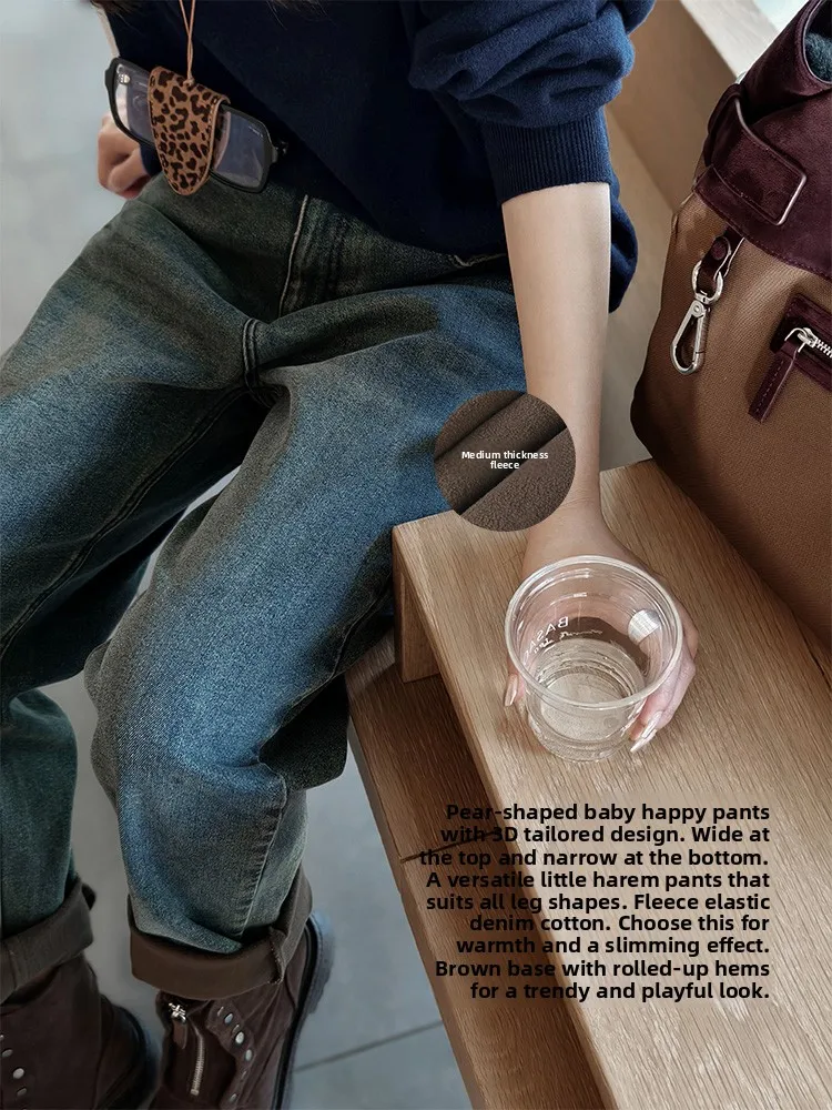 

MeiYang Denim Jeans Pen Holder Fce Lined Elastic Cotton Warm Straight Leg High Waist Nine kets Zipper Closure Winter Th...