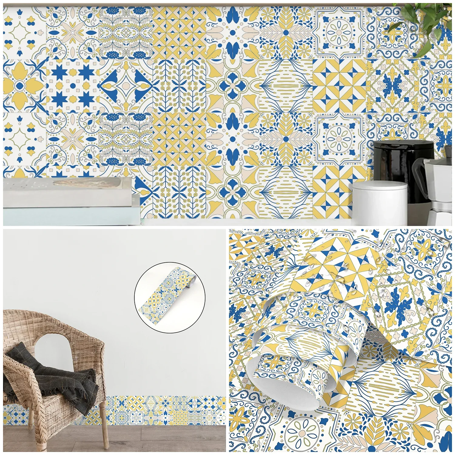 Bohemian Style Ceramic Wall Sticker Peel & Stick Art Decals Waterproof Kitchen Bathroom Decoration Waistline Skirting Strip