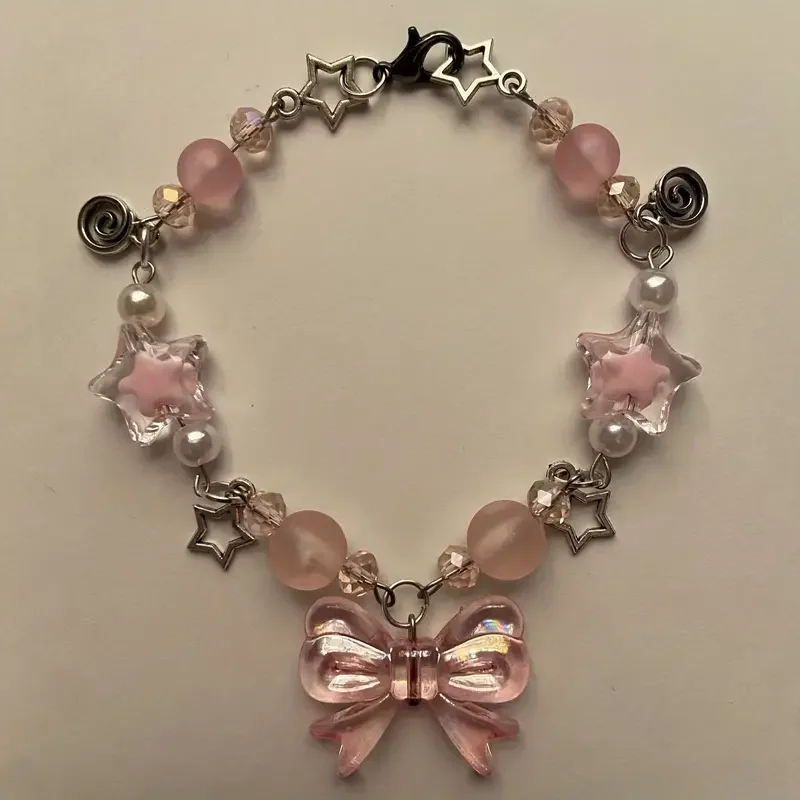 Charming Pink Star & Bow Beaded Bracelet , Cute Zinc Alloy Friendship Jewelry for Girls