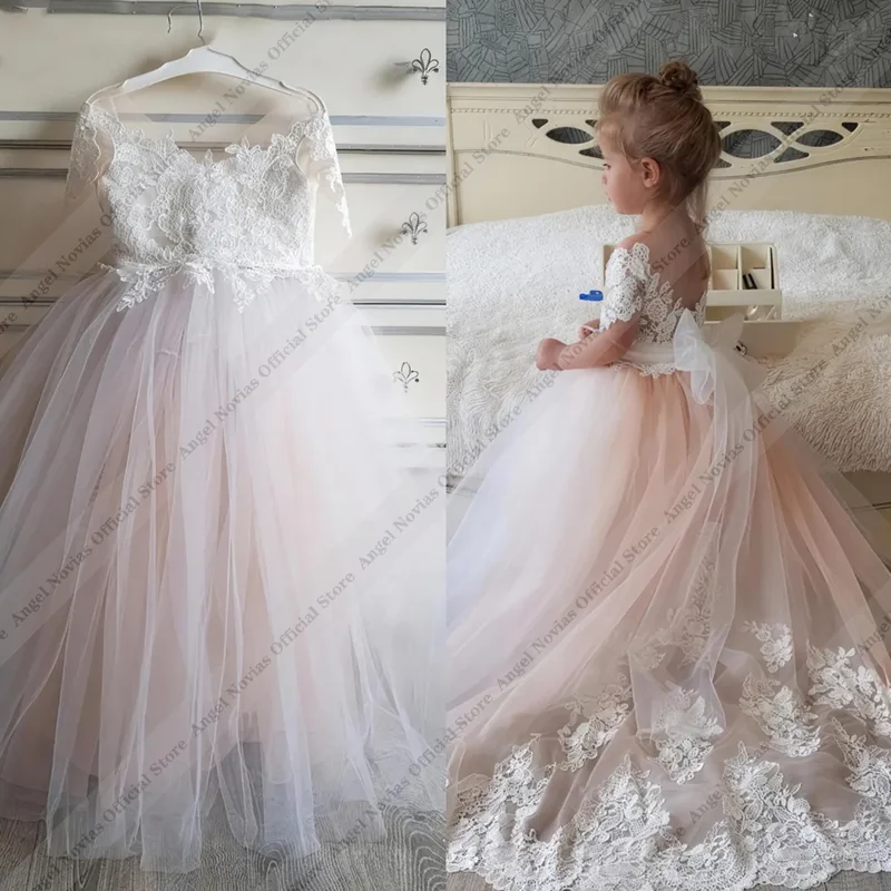 

Customized V Neck Tulle Flower Girl Dress for Wedding Kids Short Sleeves with Bow Birthday First Communion Dress