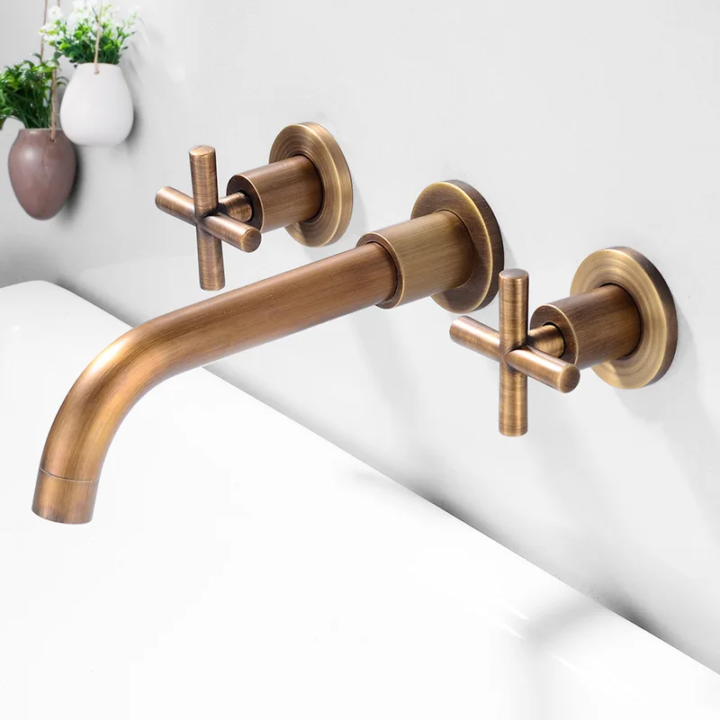 Bathtub Basin Mixer Tap Antique Brass Bathroom Sink Mixer Tap Faucet Wall Mounted 3 Hole Black Faucet Dual Handle Sink Tap