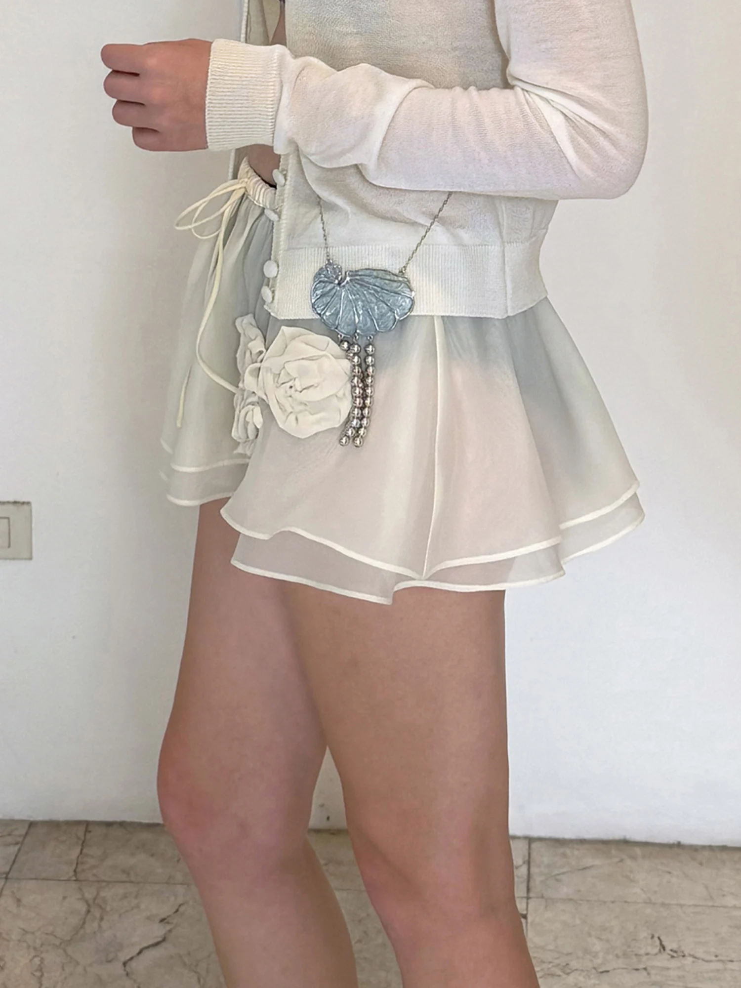 

Women Mini Skirt, Elastic Waist Flowers See-through Layered Skirt Summer Skirt Clubwear