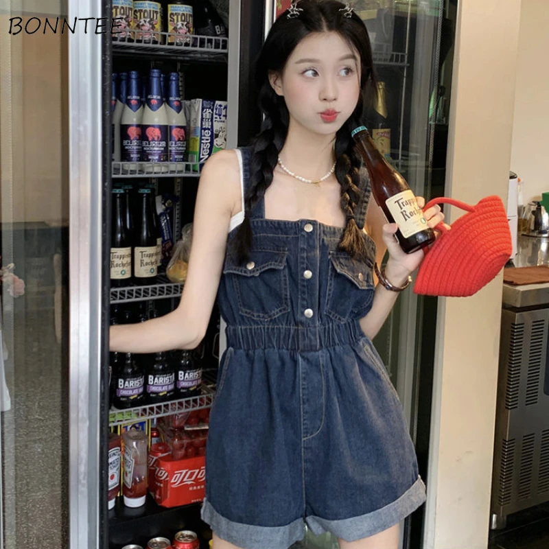 

Summer Denim Rompers Cargo Vintage Workwear High Waist Loose Korean Style Age-reducing Curled Edges Wide Leg Leisure Students