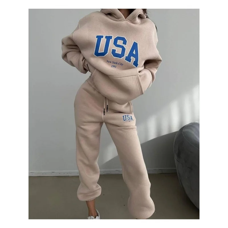 Lässiger, lockerer, koreanischer Stil für Damen, modischer, bedruckter Fleece-Hoodie-Hosenanzug